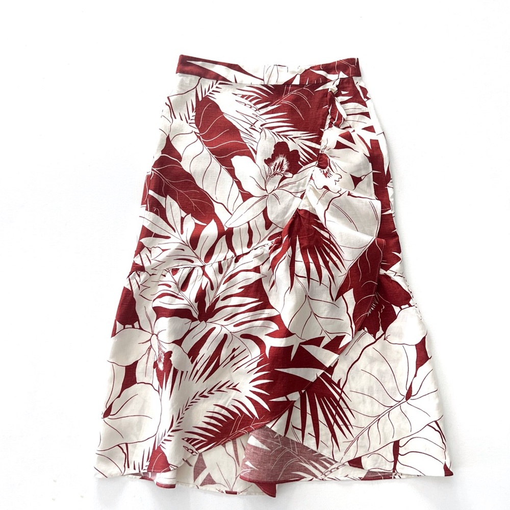 Madewell Linen-Blend Ruffle-Wrap Midi Skirt in Tropical Vacation Print Size 2